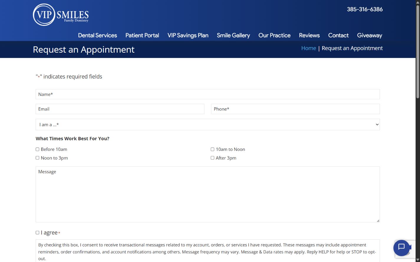 Desktop appointment request — A request form with patient status and preferred time ranges; no live booking slots were observed.