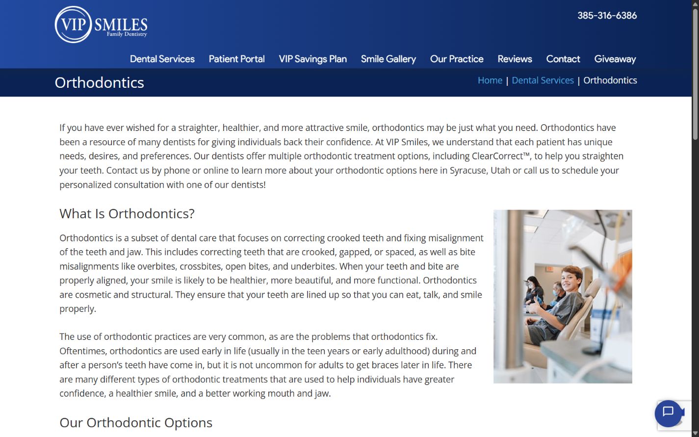 Desktop service page — A representative service uses a title strip, breadcrumbs, long-form text, and an image.