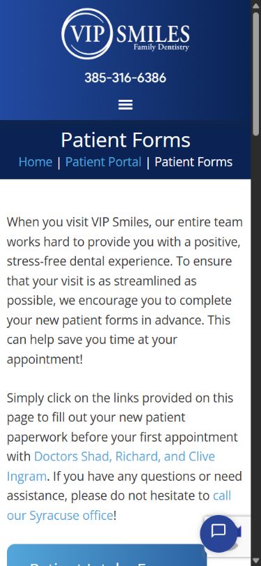 Patient Forms resource — This deeper page links to the external intake service; the intake itself was not opened.