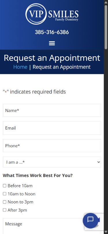 Mobile appointment request — Fields stack into a single column. No information was entered.
