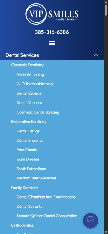 Expanded services menu — Many nested links create a long mobile menu; semantics and text contrast need improvement.